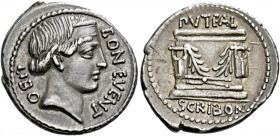    L. Scribonius Libo. Denarius 62, AR 3.82 g. BON EVENT LIBO Diademed head of Bonus Eventus r. Rev. PVTEAL – SCRIBON Scribonian well; tongs set on ba...