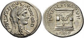    Paullus Aemilius Lepidus and L. Scribonius Libo. Denarius 62, AR 3.99 g. PAVLLVS LEPIDVS – CONCORD Diademed and veiled head of Concordia r. Rev. PV...