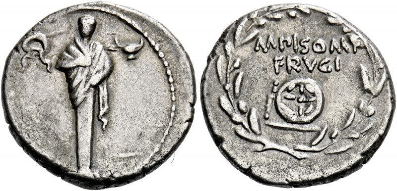    M. Calpurnius M. f. Frugi. Denarius 61, AR 3.92 g. Terminal statue of Mercury...