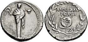    M. Calpurnius M. f. Frugi. Denarius 61, AR 3.92 g. Terminal statue of Mercury (?); on l., wreath and on r., two-handled cup. Rev. M·PISO·M·F / FRVG...