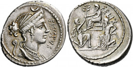    Faustus Cornelius Sulla. Denarius 56, AR 3.97 g. FAVSTVS Diademed and draped bust of Diana r.; above, crescent and behind, lituus. Rev. FELIX Sulla...