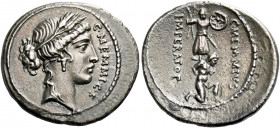    C. Memmius C. f. Denarius 56, AR 3.34 g. C·MEMMI·C·F Head of Ceres r., wearing barley wreath. Rev. C·MEMMIVS – IMPERATOR Trophy; in the foreground,...
