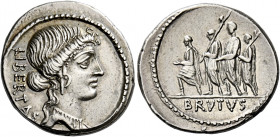    M. Iunius Brutus. Denarius 54, AR 4.02 g. LIBERTAS Head of Libertas r. Rev. The consul L. Iunius Brutus walking l. between two lectors preceded by ...