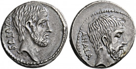    M. Iunius Brutus. Denarius 54, AR 3.76 g. BRVTVS Head of L. Iunius Brutus r. Rev. AHALA Head of C. Servilius Ahala r. Babelon Julia 30 and Servilia...