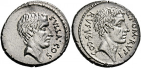    Q. Pompeius Rufus. Denarius 54, AR 3.74 g. SVLLA·COS Head of Sulla r. Rev. Q·POM·RVFI Head of Q. Pompeius Rufus r.; behind, RVFVS·COS. Babelon Corn...