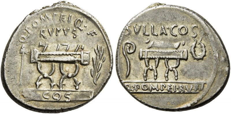    Q. Pompeius Rufus. Denarius 54, AR 3.81 g. Q·POMPEI·Q·F / RVFVS Curule chair;...