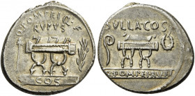    Q. Pompeius Rufus. Denarius 54, AR 3.81 g. Q·POMPEI·Q·F / RVFVS Curule chair; on l., arrow and on r., laurel branch; below, COS on tablet. Rev. SVL...