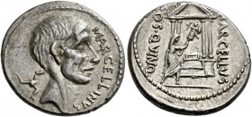    P. Cornelius Lentulus Marcellinus. Denarius 50, AR 4.04 g. MARCELLINVS Bare head of consul M. Claudius Marcellus r.; behind, trisceles. Rev. MARCEL...