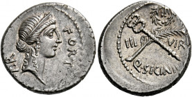    Q. Sicinius. Denarius 49. AR 3.79 g. FORT – P·R Diademed head of Fortuna Populi Romani r. Rev. Palm branch tied with fillet and winged caduceus in ...