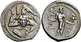    L. Cornelius Lentulus and C. Claudius Marcellus. Denarius, Apollonia and Asia 49, AR 3.89 g. Trisceles with winged head of Medusa in centre and cor...