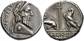    Cn. Pompeius Magnus and Terentius Varro. Denarius, mint moving with Pompeius 49, AR 3.95 g. VARRO·PRO· – Q Terminal bust of Jupiter r., wearing dia...
