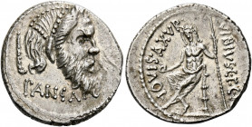   C. Vibius C.f. Cn. Pansa Caetronianus. Denarius 48, AR 3.92 g. Mask of bearded Pan r.; behind, pedum and below, PANSA. Rev. C·VIBIVS·C· F·C·[N] – I...