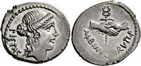    D. Iunius Brutus Albinus. Denarius circa 48, AR 3.99 g. PIETAS Head of Pietas r. Rev. Two hands clasped around winged caduceus; below, ALBINVS·BRVT...