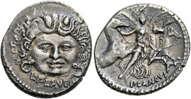    L. Plautius Plancus. Denarius 47, AR 4.02 g. Head of Medusa facing with dishevelled hair; below, L·PLAVTIVS. Rev. Victory facing, holding palm bran...