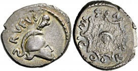    Mn. Cordius Rufus. Denarius 46, AR 3.95 g. RVFVS Owl perched on Corinthian helmet r. Rev. MN CORDIVS Aegis decorated with head of Medusa. Babelon C...