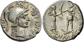    Cn. Pompeius Magnus and M. Poblicius. Denarius, Spain 46-45, AR 3.91 g. M·POBLICI·LEG PRO Helmeted head of Roma r.; behind, PR. Rev. CN·MAGNVS·IMP ...