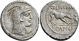    L. Papius Celsus. Denarius 45, AR 3.70 g. Head of Juno Sospita r. Rev. CELSVS·III·VIR Wolf r., placing stick on fire; on r., eagle fanning flames w...