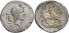    L. Valerius Acisculus. Denarius 45, AR 3.40 g. ACISCVLVS Head of Apollo r., hair tied with band; above, star and behind, acisculus. Rev. Europa sea...