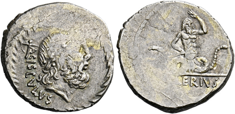    L. Valerius Acisculus. Denarius 45, AR 3.87 g. ACISCVLVS Laureate head of Jup...