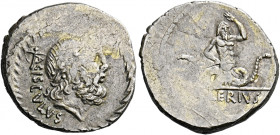    L. Valerius Acisculus. Denarius 45, AR 3.87 g. ACISCVLVS Laureate head of Jupiter r.; behind, acisculus. All within laurel wreath. Rev. Anguipedic ...