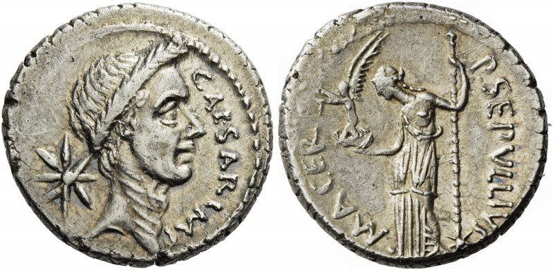    C. Iulius Caesar and P. Sepullius Macer. Denarius 44, AR 3.87 g. CAESAR·IMP W...