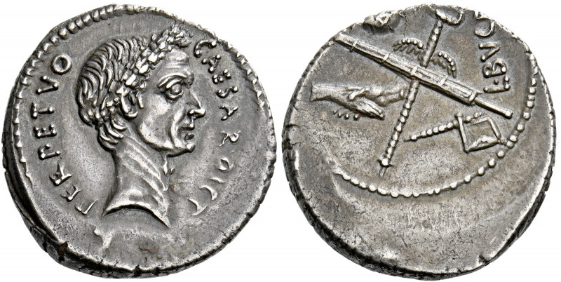    C. Iulius Caesar with L. Aemilius Buca. Denarius 44, AR 4.04 g. CAESAR·DICT –...