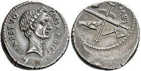    C. Iulius Caesar with L. Aemilius Buca. Denarius 44, AR 4.04 g. CAESAR·DICT – PERPETVO Wreathed head of Caesar r. Rev. Fasces and caduceus in salti...