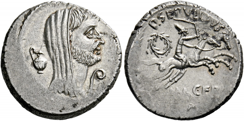    P. Sepullius Macer. Denarius 44, AR 3.92 g. Bearded and veiled head of M. Ant...