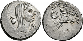    P. Sepullius Macer. Denarius 44, AR 3.92 g. Bearded and veiled head of M. Antonius r; before, lituus and behind, jug. Rev. P·SEPVLLIVS / MACER Desu...