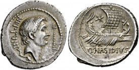    Sextus Pompeius and Q. Nasidius. Denarius, Sicily circa 42 to 38, AR 3.80 g. NEPTVNI Head of Cn. Pompeius Magnus r.; below head, dolphin and in r. ...