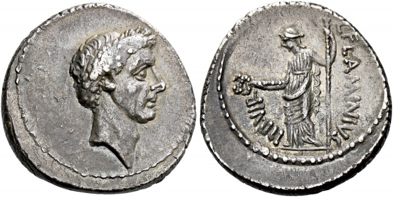    L. Flaminius Chilo. Denarius 43, AR 3.77 g. Laureate head of Caesar r. Rev. L...