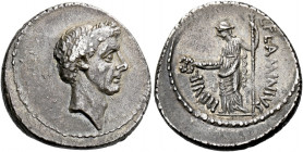    L. Flaminius Chilo. Denarius 43, AR 3.77 g. Laureate head of Caesar r. Rev. L·FLAMINIVS – IIII VIR Goddess standing l., holding caduceus in r. hand...
