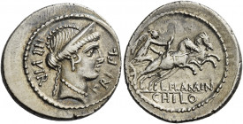    L. Flaminius Chilo. Denarius 43, AR 3.96 g. IIII·VIR – PRI·FL Diademed head of Venus r. Rev. Victory in prancing biga r.; below horses, L·FLAMIN. I...