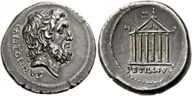   Petillius Capitolinus. Denarius 41, AR 3.94 g. CAPITOLINVS Head of Jupiter r. Rev. Hexastyle temple with decorated roof; within pediment, uncertain...