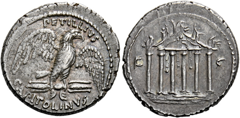    Petillius Capitolinus. Denarius 41, AR 3.89 g. PETILLIVS Eagle on thunderbolt...