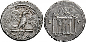    Petillius Capitolinus. Denarius 41, AR 3.89 g. PETILLIVS Eagle on thunderbolt r., with open wings; below, CAPITOLINVS. Rev. F – S Hexastyle temple ...