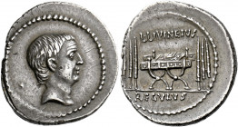    L. Livineius Regulus. Denarius 42, AR 3.50 g. Head of L. Regulus r. Rev. L·LIVINEIVS Curule chair; on either side, three fasces. In exergue, REGVLV...