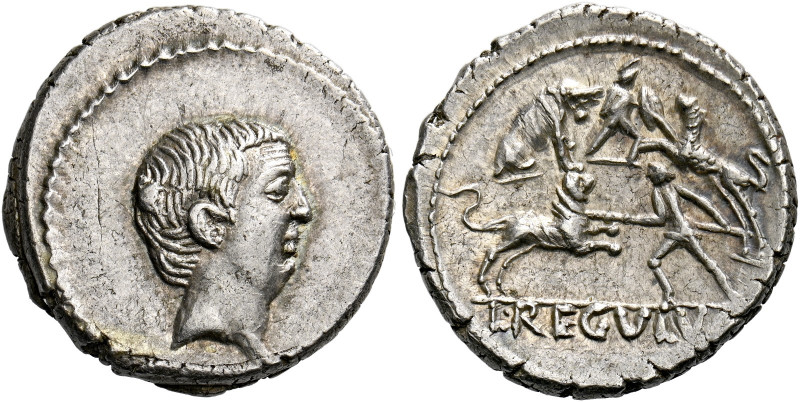    L. Livineius Regulus. Denarius 42, AR 3.95 g. Head of Livineius Regulus r. Re...
