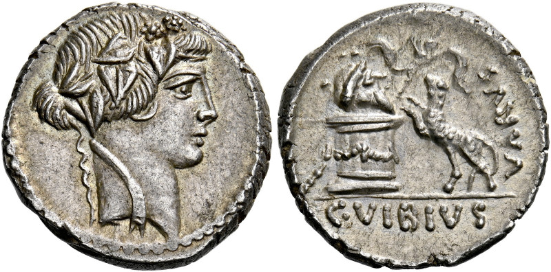    C. Vibius Varus. Denarius 42, AR 3.86 g. Head of Liber r., wearing ivy-wreath...