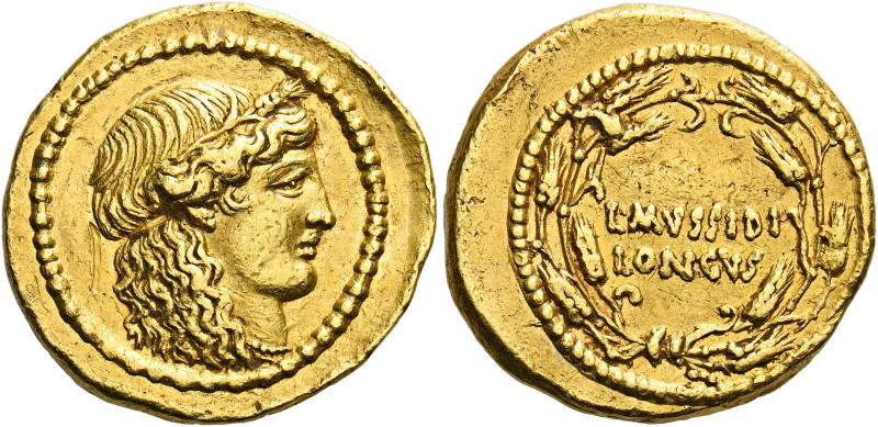 L. Mussidius Longus. Aureus 42, AV 8.14 g. Head of Ceres r., wearing wreath of c...