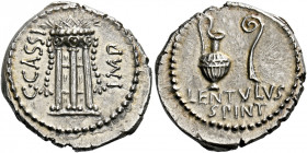    C. Cassius and Lentulus Spint. Denarius, mint moving with Brutus and Cassius 43-42, AR 3.90 g. C·CASSI – IMP Tripod with cortina, decorated with tw...