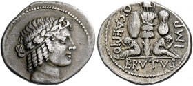    M. Iunius Brutus and Q. Caepius. Denarius, military mint 43-42, AR 3.89 g. Laureate head of Apollo r. Rev. Q CAEPIO – BRVTVS – IMP Trophy bearing t...