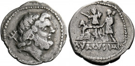    L. Staius Murcus. Denarius, mint moving with L. Staius Murcus 42-41, AR 3.63 g. Laureate head of Neptune r., with trident over l. shoulder. Rev. Tr...