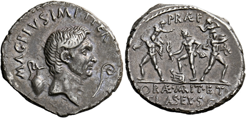    Sextus Pompeius. Denarius, Sicily 37-36, AR 3.63 g. MAG·PIVS·IMP·ITER Head of...