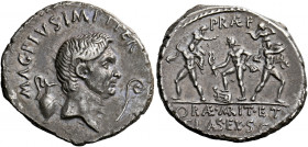    Sextus Pompeius. Denarius, Sicily 37-36, AR 3.63 g. MAG·PIVS·IMP·ITER Head of Cn. Pompeius Magnus r.; behind, jug and before, lituus. Rev. PRÆF Nep...