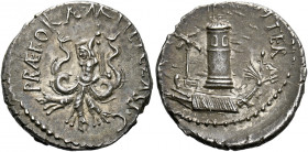    Sextus Pompeius. Denarius, Sicily 37-36, AR 3.70 g. MAG·PIVS – IMP ITER Galley with aquila on prow and sceptre tied with fillet on stern; in the ba...