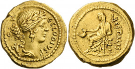    C. Clodius C.f. Vestalis. Aureus 43, AV 8.00 g. CLODIVS – C·F· Wreathed head of Flora r.; behind, flower. Rev. VESTALIS Female figure seated l., ho...