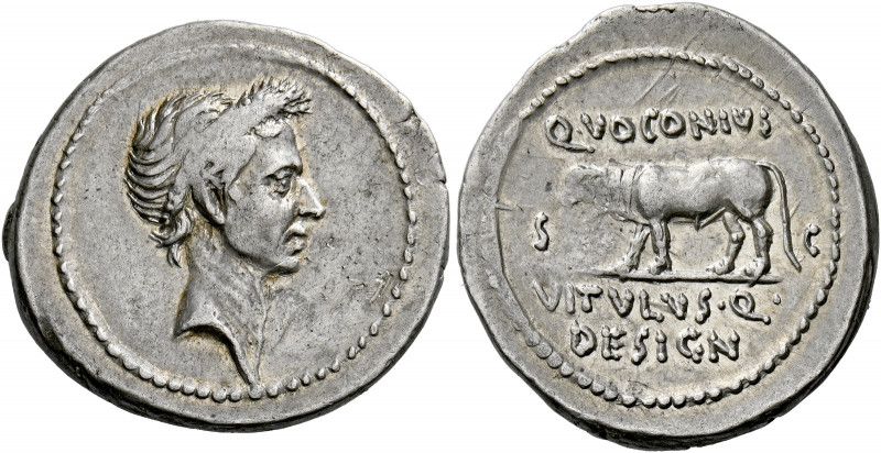    Q. Voconius Vitulus. Denarius 40? or later, AR 3.89 g. Laureate head of J. Ca...