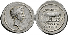    Q. Voconius Vitulus. Denarius 40? or later, AR 3.89 g. Laureate head of J. Caesar r. Rev. Q·VOCONIVS / S – C Calf walking l.; in exergue, VITVLVS·Q...
