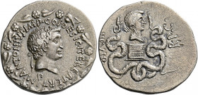   Marcus Antonius. Cistophoric tetradrachm, Ephesus (?) 39, AR 11.57 g. M·ANTONIVS·IMP·COS· DESIG·ITER ET·TERT Ivy-wreathed head r.; below, lituus. A...